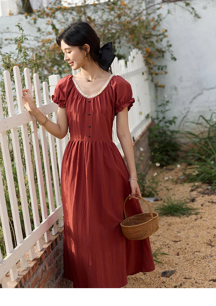 MISHOW French Summer Dress Women New 2025 Puff Short Sleeve Lace Neck Slimming Long Dresses Female Fashion Elegant MXE35L2297