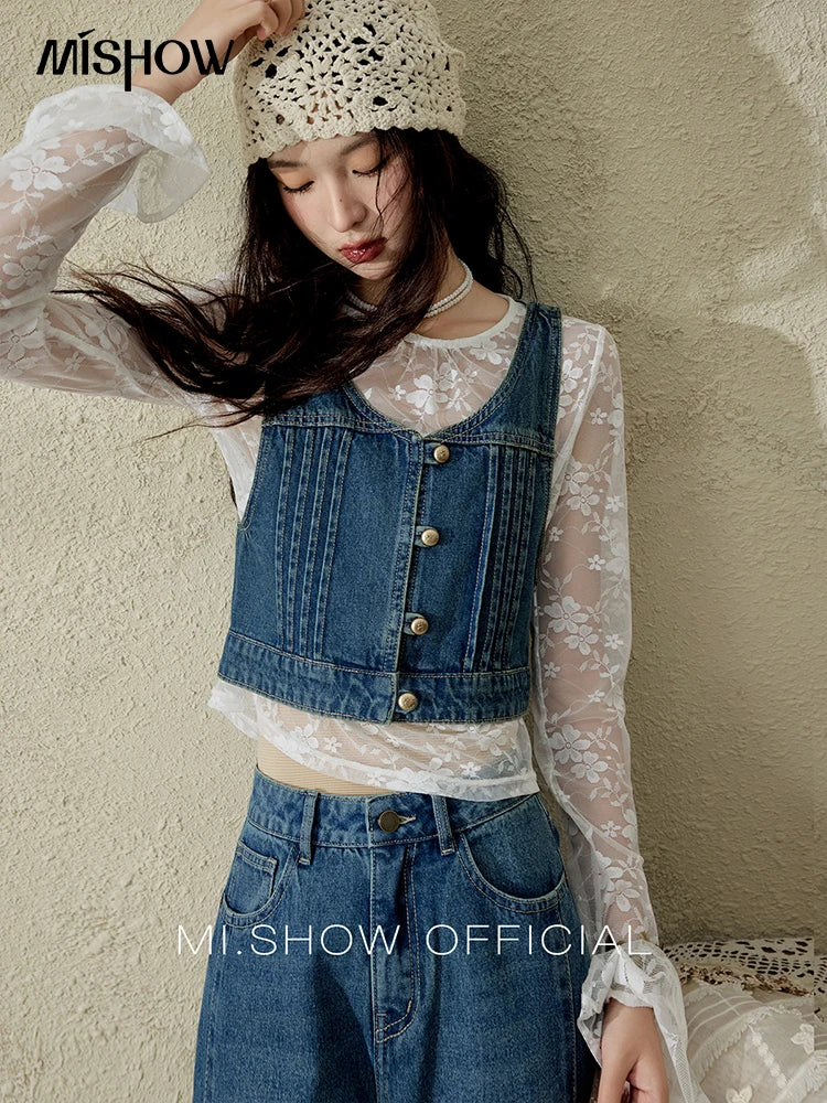 MISHOW Retro Denim Vest Coat for Women Spring Summer 2025 Deep Blue V-neck Short Versatile Outer Outfit U-neck Ccoats MXE16W0750