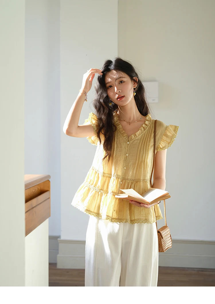 MISHOW Women's Summer Shirt 2025 New Wood Ear V-neck Flying Sleeve Shirt Casual Wrinkle Spliced Button Ladies Top MXE37X1908