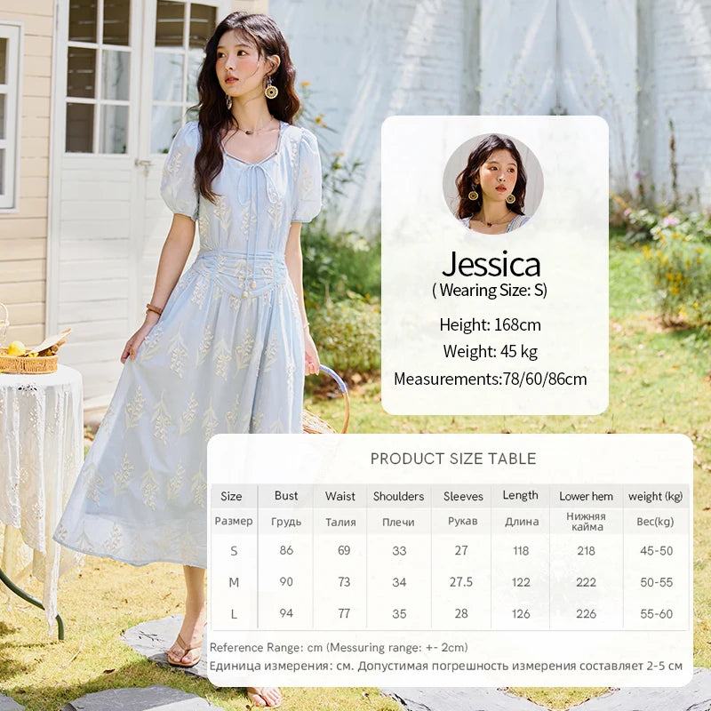 MISHOW Blue Square Neck Bubble Sleeve Dress for Women Summer 2025 Waist Vacation 100 Cotton Embroidered Long Dress MXE35L2234