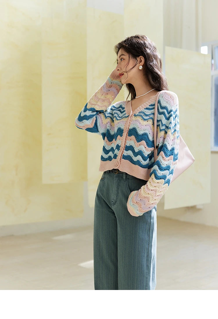 MISHOW Color Stripe Knitted Cardigan Women 2025 Spring V-neck Long Sleeve Loose Cardigans Woman Fashion Office Lady MXE16Z1203