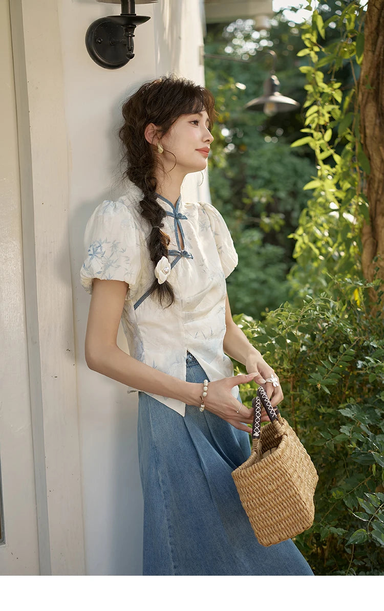 MISHOW Chinese Embroidered T-shirt High Waist Skirt Separately Summer 2024 Short Sleeve Split Hem Tops Denim Skirts MXD28X1604