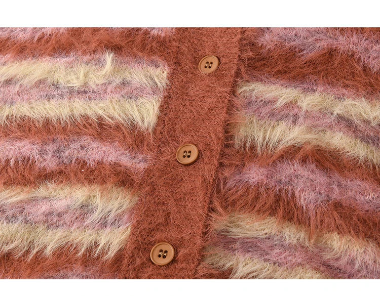 Mishow Red Striped Faux Mink Fur Stand Collar Cardigan MXD59Z1005