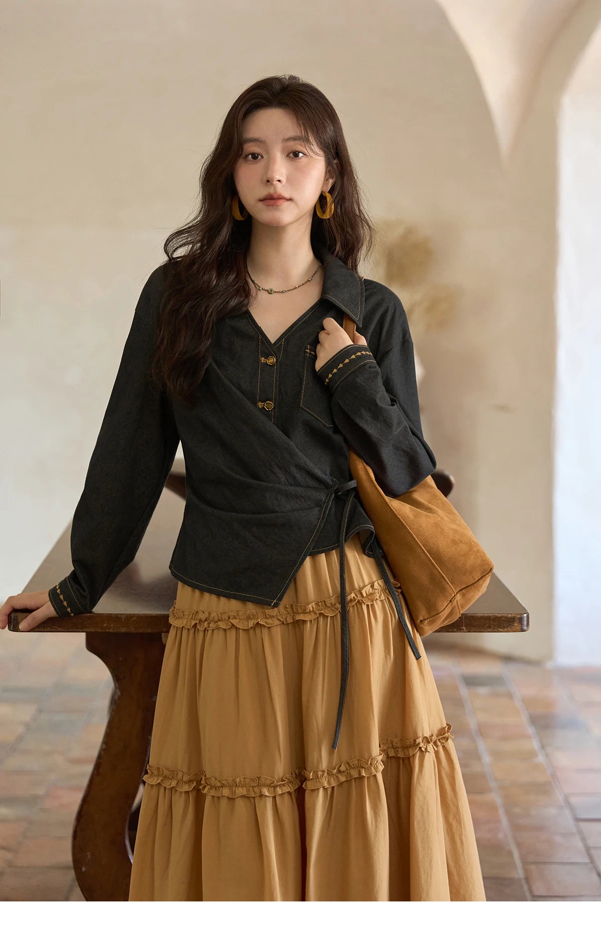 MISHOW Black Imitation Denim Shirt Side Lace-Up Lapel V-Neck MXE42C2374