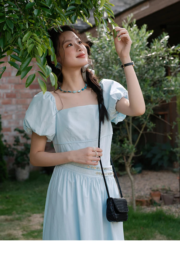 MISHOW Women's Square Neck Short Sleeve Dress 2025 Summer New Fashion Puff Sleeve Double Belt Dresses Ladies Clothing MXE34L2222