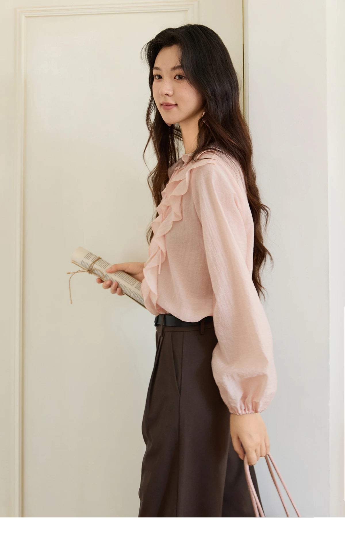 MISHOW Pink Ruffled Blouse for Woman 2025 Autumn New Elegant Sweet V-neck Lace-up Design Shirt Lantern Sleeves Top MXE49X2504