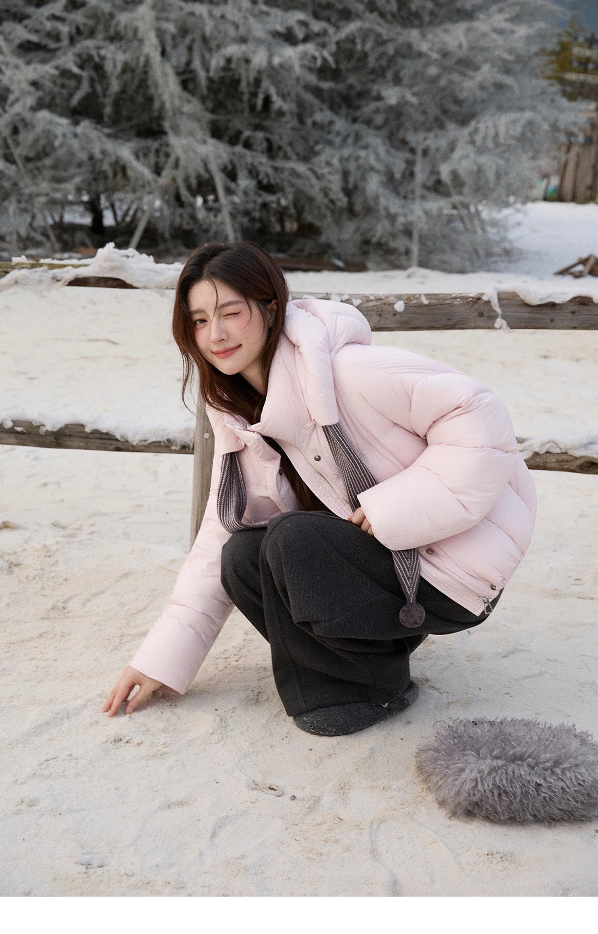 MISHOW Women's Pom-Pom Hooded Down Jacket 2025 Winter Sweet Short Lightweight Down Jackets Warm Windproof Coat MXE92Y0088