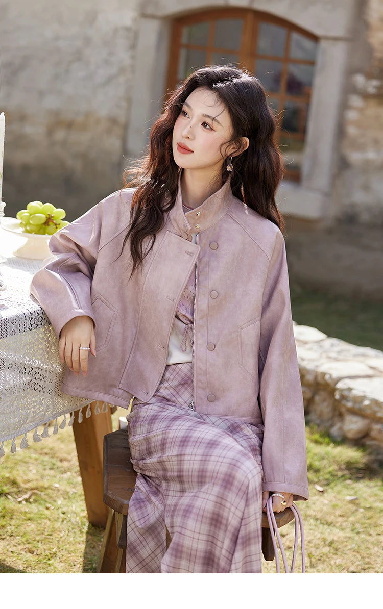 MISHOW Sweet Cool Blended Pink Purple Leather Coat Spring 2025 Stand Collar Motorcycle Style Jackets PU Leather Coats MXE13W0707