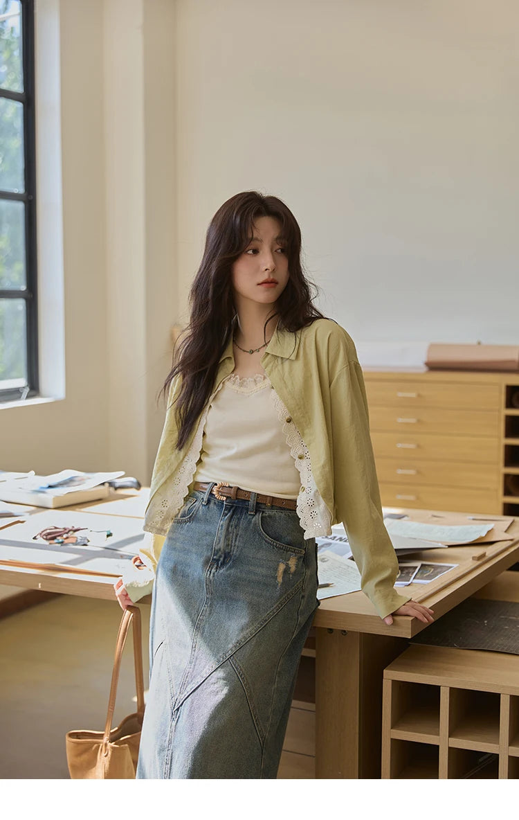 MISHOW Women's Top Green Fake Two Piece Shirt 2025 Autumn Lace Patchwork Lapel Shirts Rear Hem Elastic Short Shirt MXE41C2348