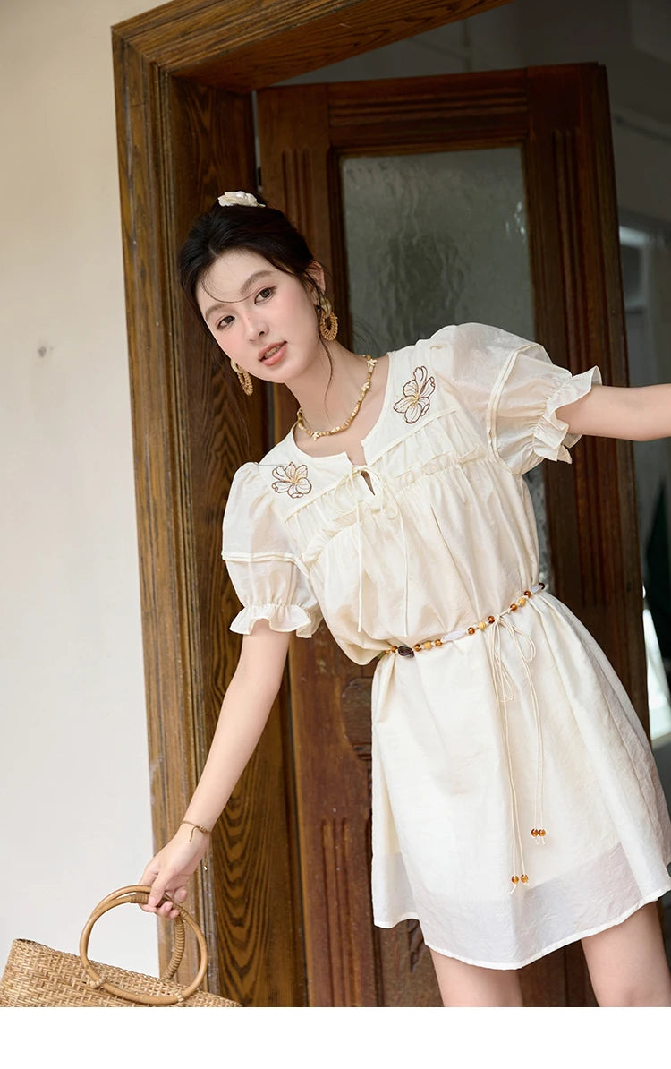 MISHOW Vacation Retro Sweet Dress for Women 2025 Summer Jacquard Embroidered Bubble Sleeve Dresses with Bohemian Belt MXD30L1864