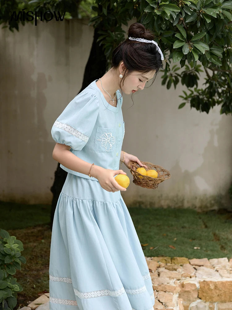 MISHOW Blue Pocket Patchwork Lace Shirt Elastic Waist Skirt Separately 2024 Summer Korean Round Neck Top Sweet Skirts MPD22B0450
