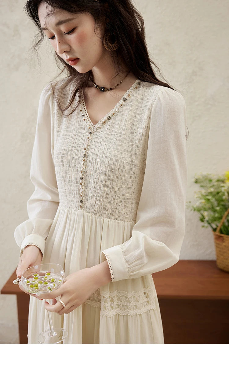 MISHOW Apricot Vacation Dress for Women Spring 100 Cotton Splicing Lace Retro Dress V-neck Waist Slim Long Dresses MXE16L2168