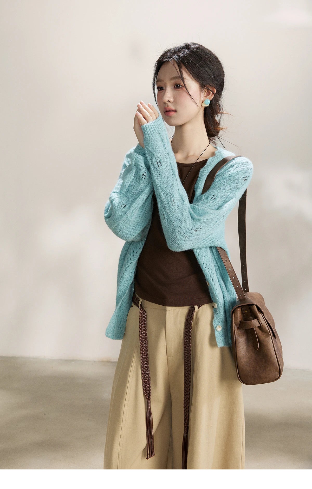 MISHOW Women's Blue Hollow Out Knit Cardigan 2026 Spring V Neck Wool Blend Tops Single Breasted Casual Thin Sweater MXF13Z2975