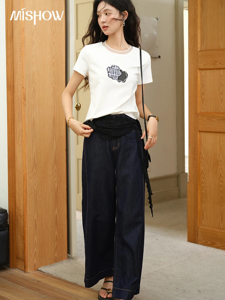 MISHOW Lace Edge Splicing Short Sleeve T-shirt for Women 2025 Summer Female Round Neck Simple Top Women's Clothing MXE38T0630