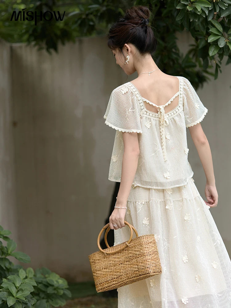 MISHOW Elegant Butterfly Flying Sleeve Blouses Elastic Waist Skirt Separately Summer Back Lace-up Top Midi Skirts MXD29X1559