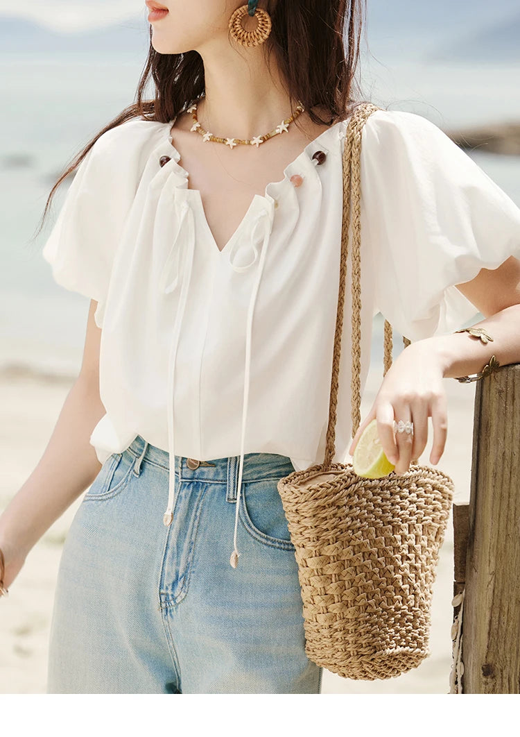 MISHOW Solid French Summer Blouses Woman 2025 New Short Puff Sleeve V-neck Beaded Retro Shirts Women Fashion Tops MXE33X1757