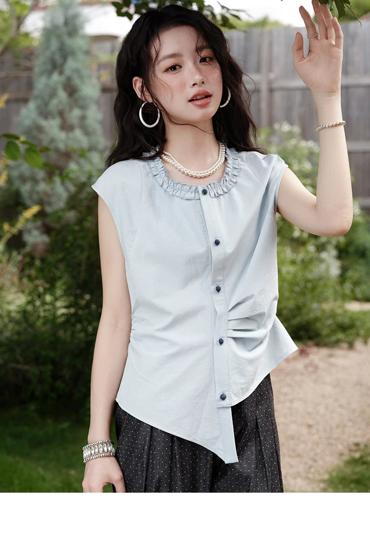 MISHOW Women's Casual Round Neck Shirt 2025 Summer New Office Lady Slim Shirt Sleeveless Button Top Female Clothing MXE38X1864