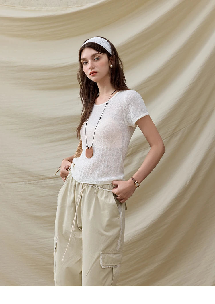 MISHOW Office Lady Women’s T-shirts Summer 2025 Short Sleeve Round Neck Solid Slimming Knitted Shirt Female Fashion MXE34Z1257