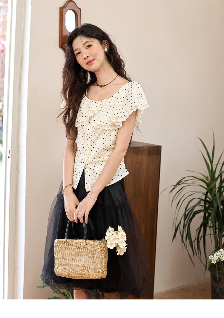 MISHOW Women's Apricot Polka Dot Shirt 2025 Summer French Ruffle Edge Patchwork Lace Shirts Short Sleeved Slim Top MXE34X1783