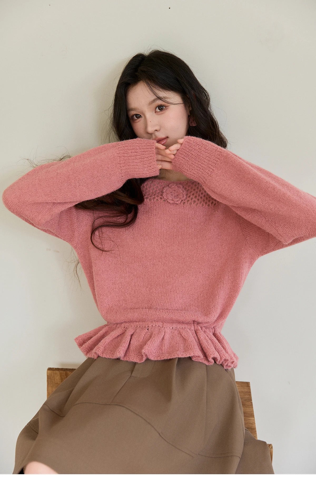 MISHOW Women's Pink Hollow-out Knitwear 2026 Spring Crew Neck Floral Embroidery Sweater Ruffled Hem Casual Loose Top MXE94Z2865