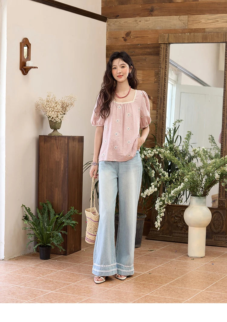 MISHOW Denim Blue Lace Straight Leg Pants for Women Summer 2025 High Waist Trousers 100 Cotton Casual Wide Leg Jeans MXE35K0947