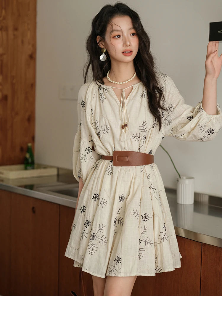 MISHOW Embroidered Doll Dress 2025 Seven Cent Lantern Sleeve Dress O-neck Tassel Lace-up Cotton Dress with Waist Belt MXE41L2480