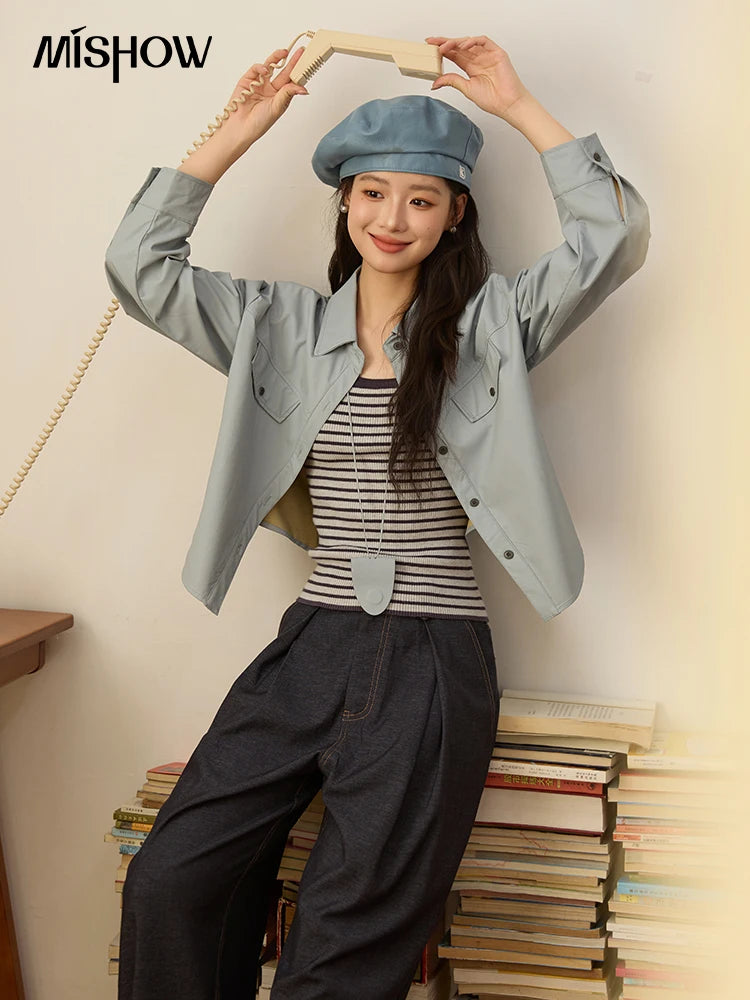 MISHOW Women's Two-Piece Set 2025 Autumn Vintage Striped Vest Solid Turn Down Collar Jacket Commute with Pendant Sets MXE45T1396