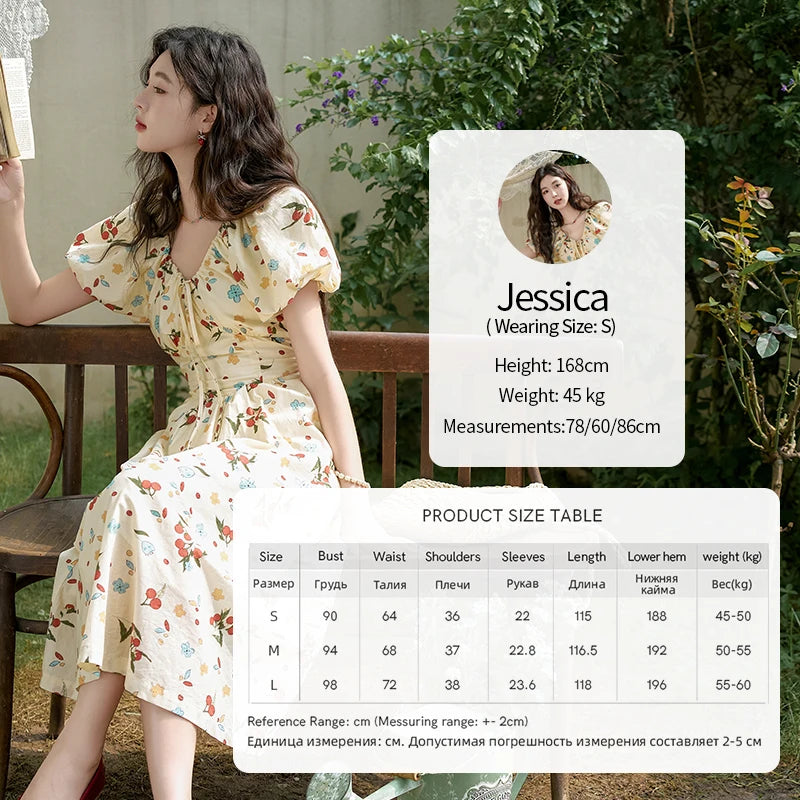 MISHOW French 100 Cotton Floral V-neck Dress Women 2025 Summer Bubble Sleeve Drawstring Lace-up Temperament Dresses MXD30L1868