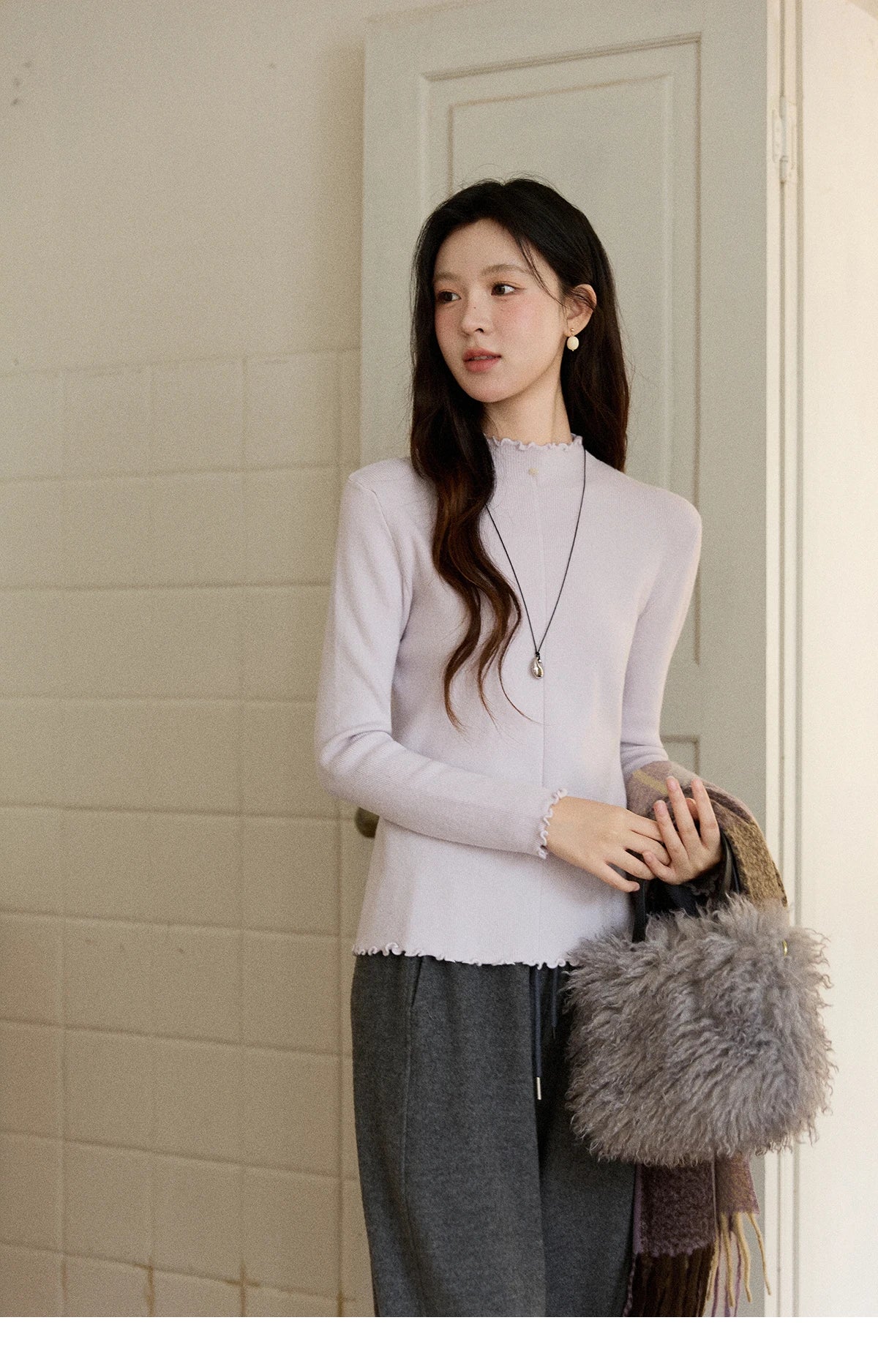 MISHOW Women's Knitted Long-Sleeved Top 2025 Winter Solid Slim Fit Ruffled Turtleneck Sweater Warm Soft Commuting Top MXE91Z2826