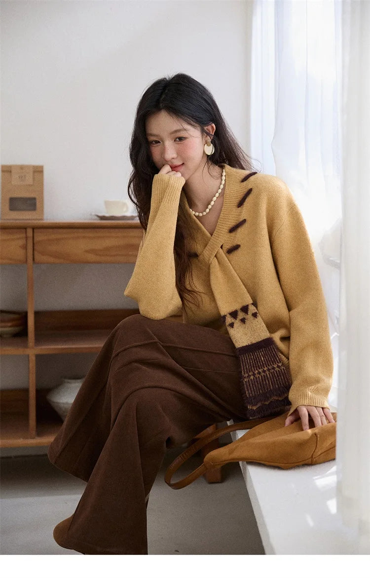 MISHOW Women V-neck Knit Top 2025 French-style Elegant Workwear Long-sleeved Yellow Pullover Women's Winter Clothing MXE87Z2771