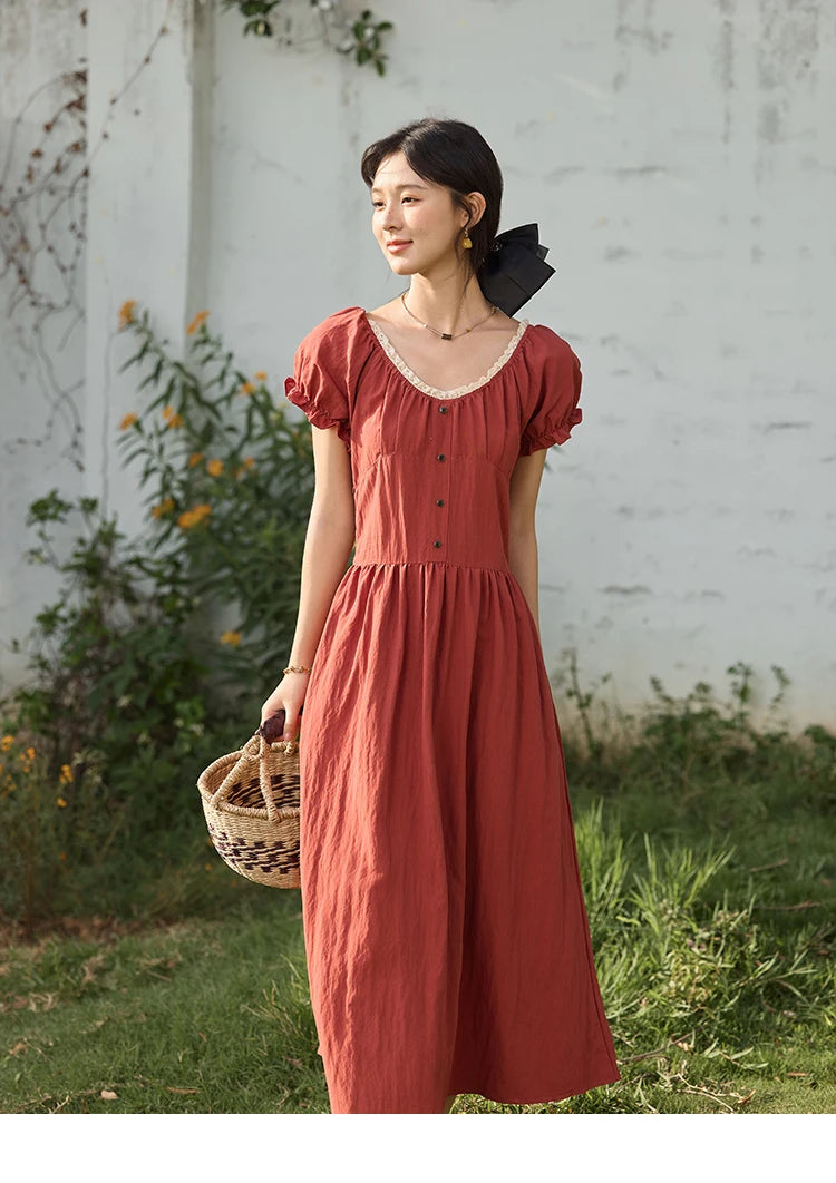 MISHOW French Summer Dress Women New 2025 Puff Short Sleeve Lace Neck Slimming Long Dresses Female Fashion Elegant MXE35L2297