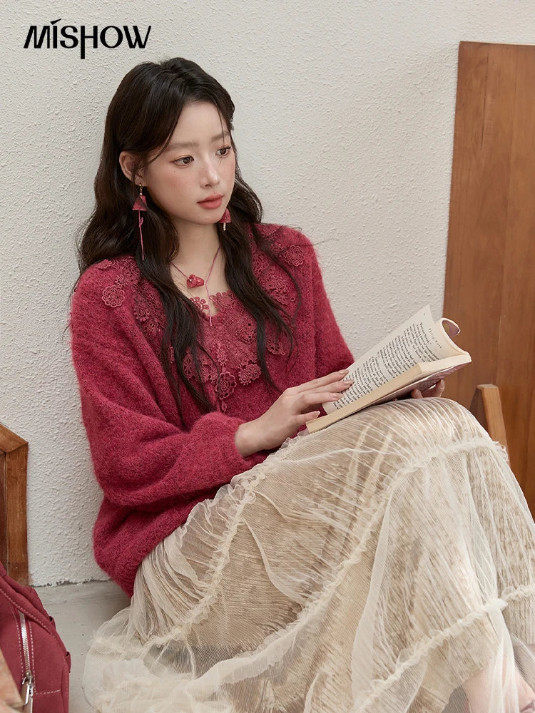 MISHOW Pink Lace Wool Sweater for Woman 2025 Winter Sweet Style V-neck  Pullover Casual Loose Lantern Sleeve Sweater MXE51Z2632