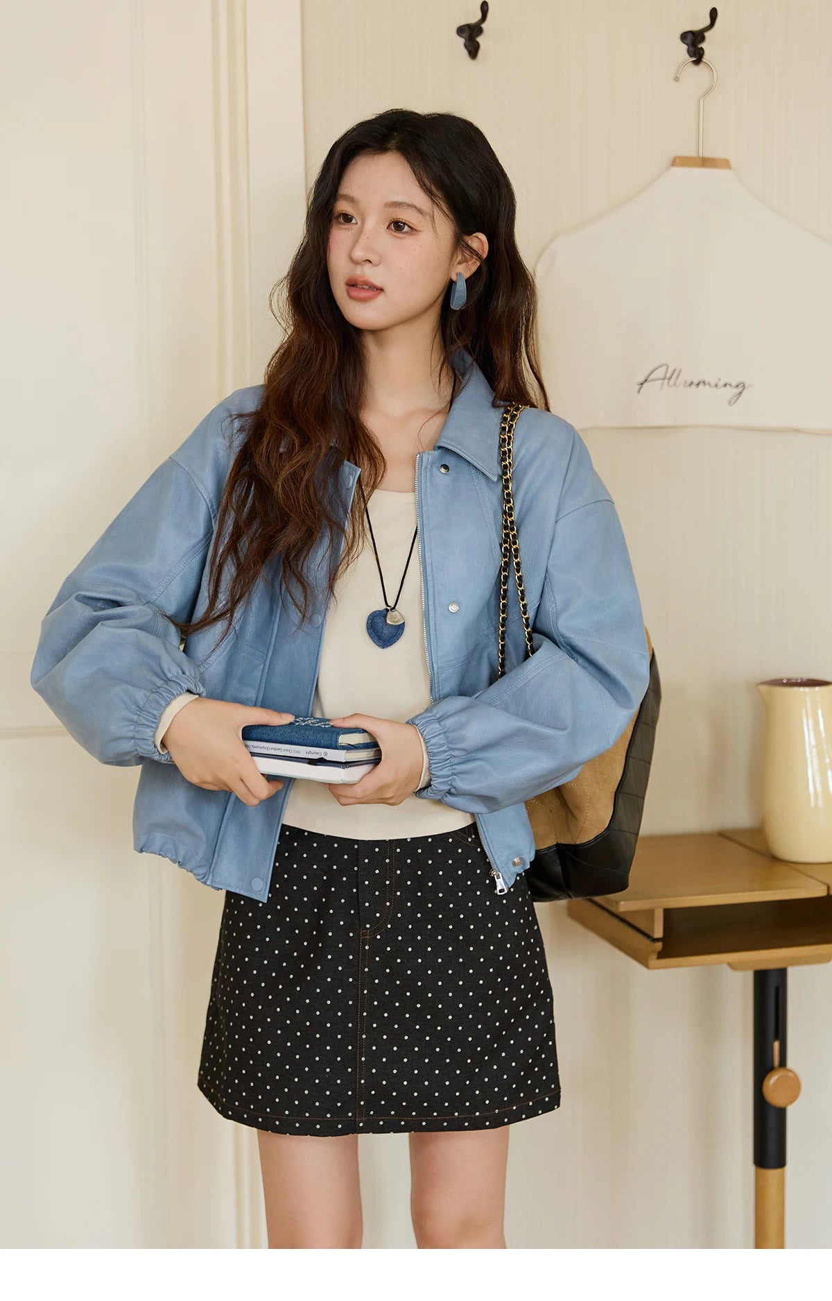 MISHOW Women's Blue Short Jacket 2025 Autumn Hip-hop Style Loose Zipper Coat Commute Pu Leather Lapel Fashion Jackets MXE45W0822