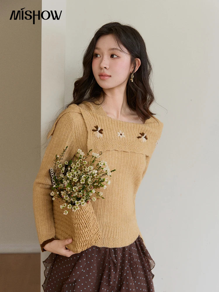 MISHOW Women's Yellow Ribbed Knit Sweater 2026 Spring One Shoulder Collar Floral Embroidery Long Sleeve Thin Sweaters MXF11Z2894