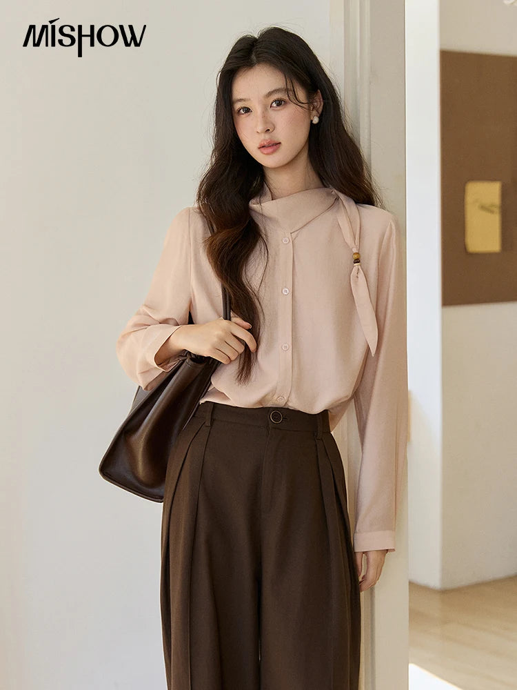 MISHOW Women's Nude Pink Shirt Spring Versatile Ribbon Stand Neck Shirts Button-Down Casual Commute Long Sleeve Top MXE11X2547