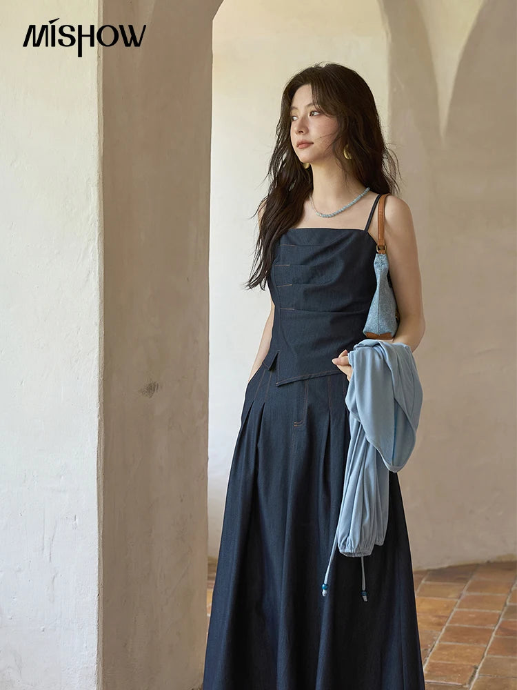MISHOW Imitation Denim Casual Camisole Desses for Women Autumn 2025 Solid Lace-up Cardigan Separately (Not A Set) MXE41T0693