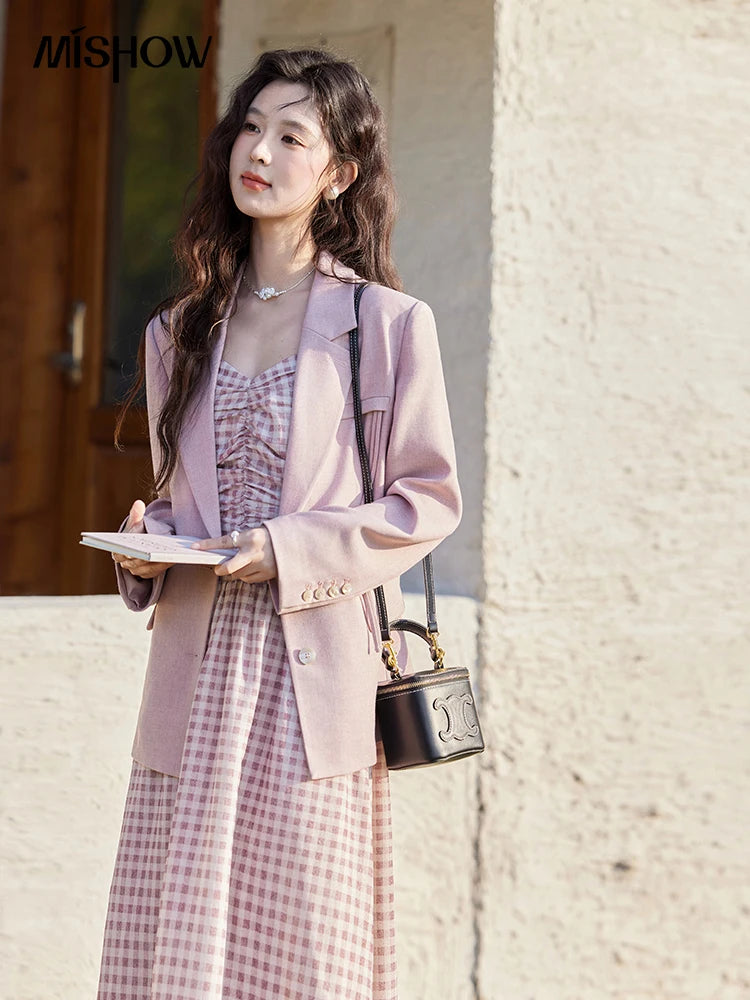 MISHOW Blazers for Women Spring 2025 Shoulder Pads Back Hem Slit Bow Coat Temperament Solid Single Breasted Blazer MXE13W0706