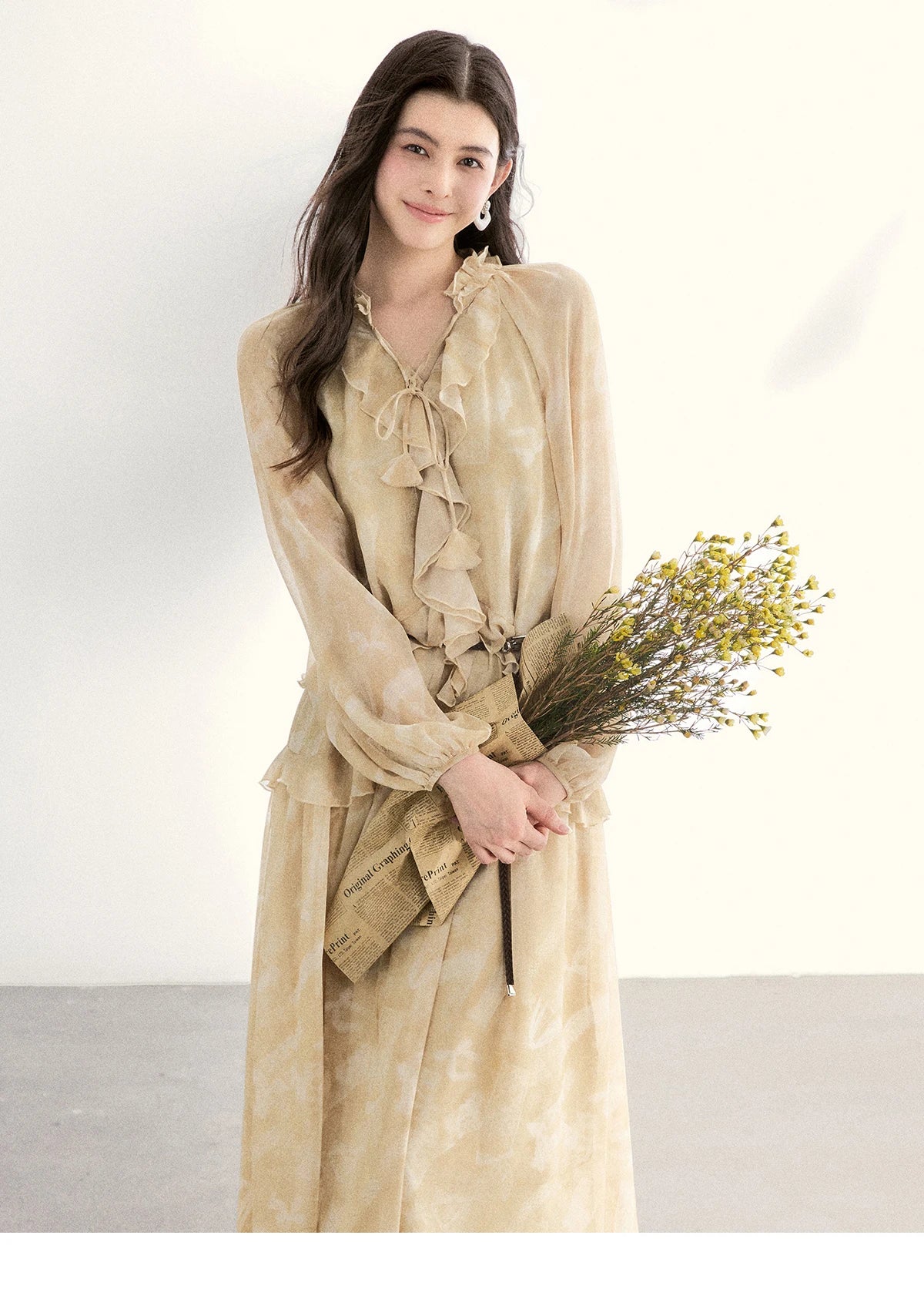 MISHOW Light Yellow Chiffon Maxi Dress 2026 Spring V-Neck Ruffled Belted Floral Print Casual Long Sleeve Dresses MXF11L2554