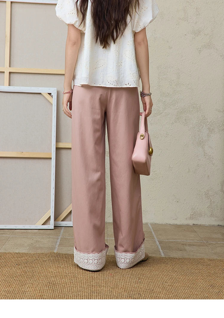 MISHOW Hem Lace Hollow Out Wide Leg Pants for Women Summer 2025 High Waist Loose Pink Pants Straight Leg Trousers MXE31K0900
