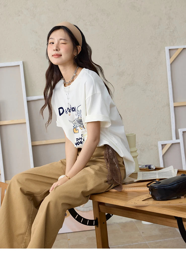 MISHOW Print Summer T-shirts Women 2025 Short Sleeve Round Neck Flocked Puppy Loose Shirt Female Casual Versatile Top MXE33T0542