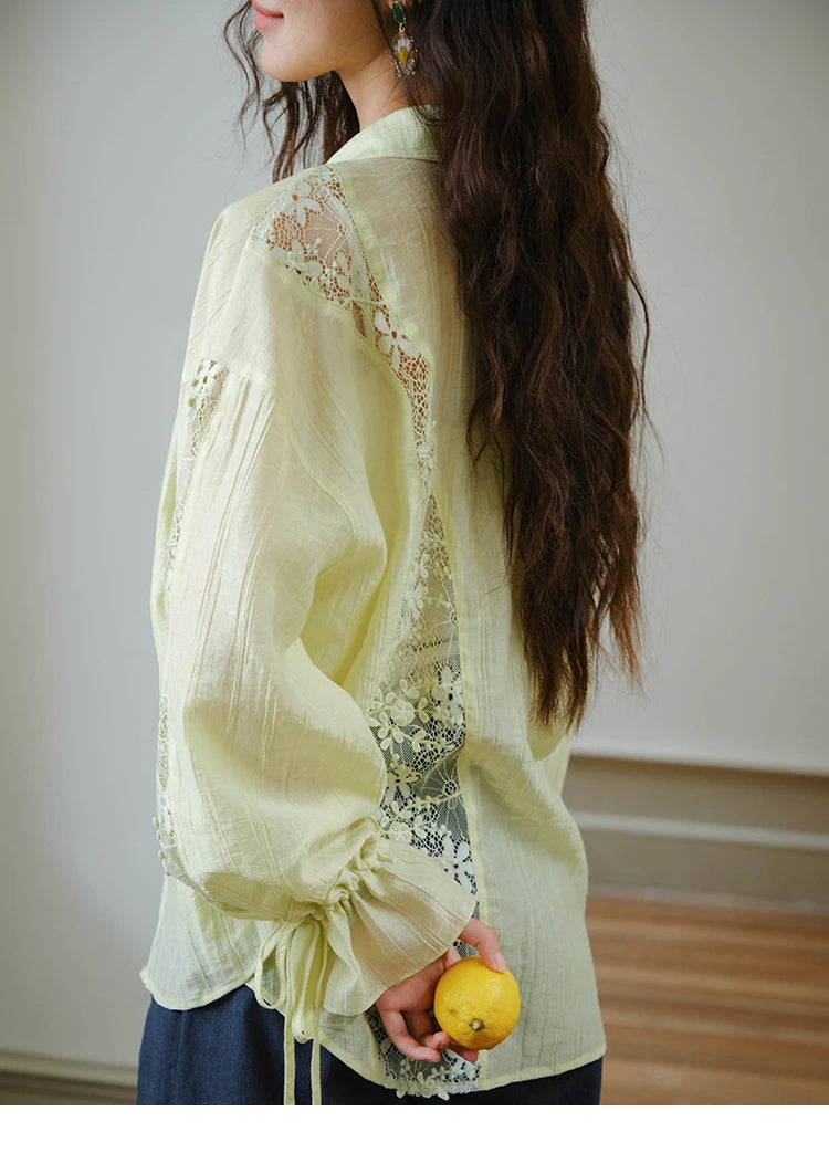 MISHOW Blend Patchwork Lace Cool Shirt Female Autumn 2025 Korean Loose Lapel Drop Sleeve Shirts Drawstring Cuffs Top MXE31C0789