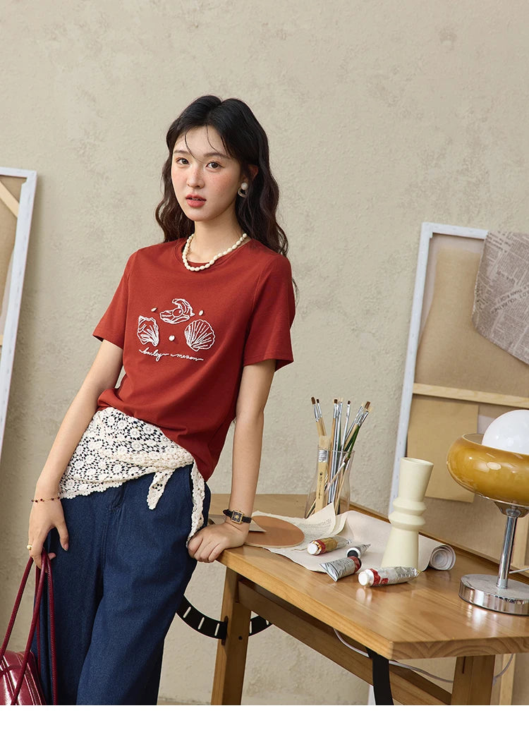 MISHOW Women's Shell Embroidered T-shirt 2025 Summer Short Sleeve Cotton Blend Tops Loose Slim Round Neck Casual Tees MXE34T0570