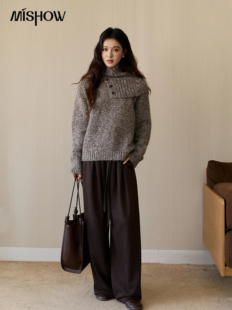 MISHOW Women's Gray Knit Sweater with Neckwear Scarf 2025 Winter Textured Button Decor Loose Warm Pullover Sweater MXE94Z2978