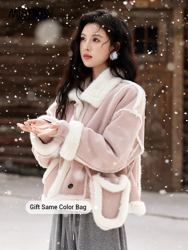 MISHOW Leather Fur Coat Fur Collar with Bag Women Winter Clothes Suede Plush Jacket Pocket Soft Thickened Warm Tops MXD57W0737