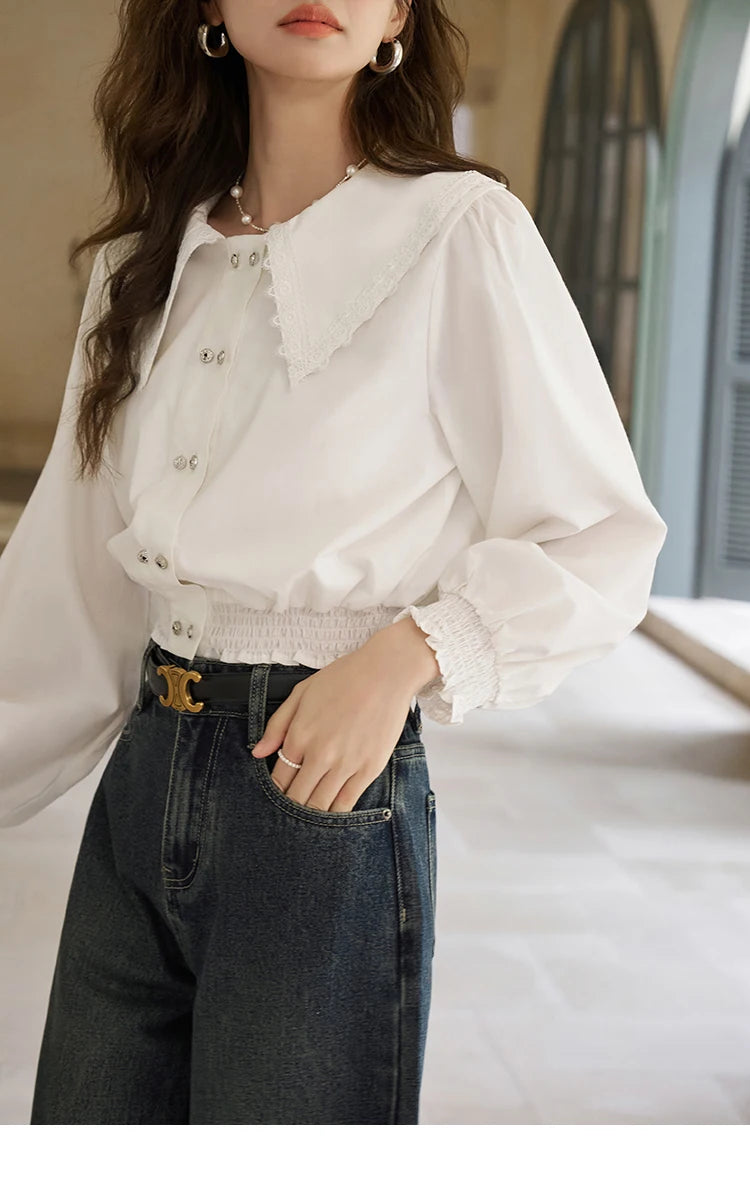 MISHOW Korean Doll Neck Shirt 2024 Spring Lace Patchwork Bubble Sleeve Elastic Hem Double Breasted Solid Short Tops MXD12C0164