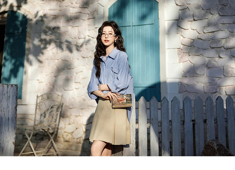 MISHOW Blue Striped Shirt for Women 2025 Spring Versatile Office Lady Tops Pocket Turn-down Collar Long-Sleeve Shirts MXE11C0399