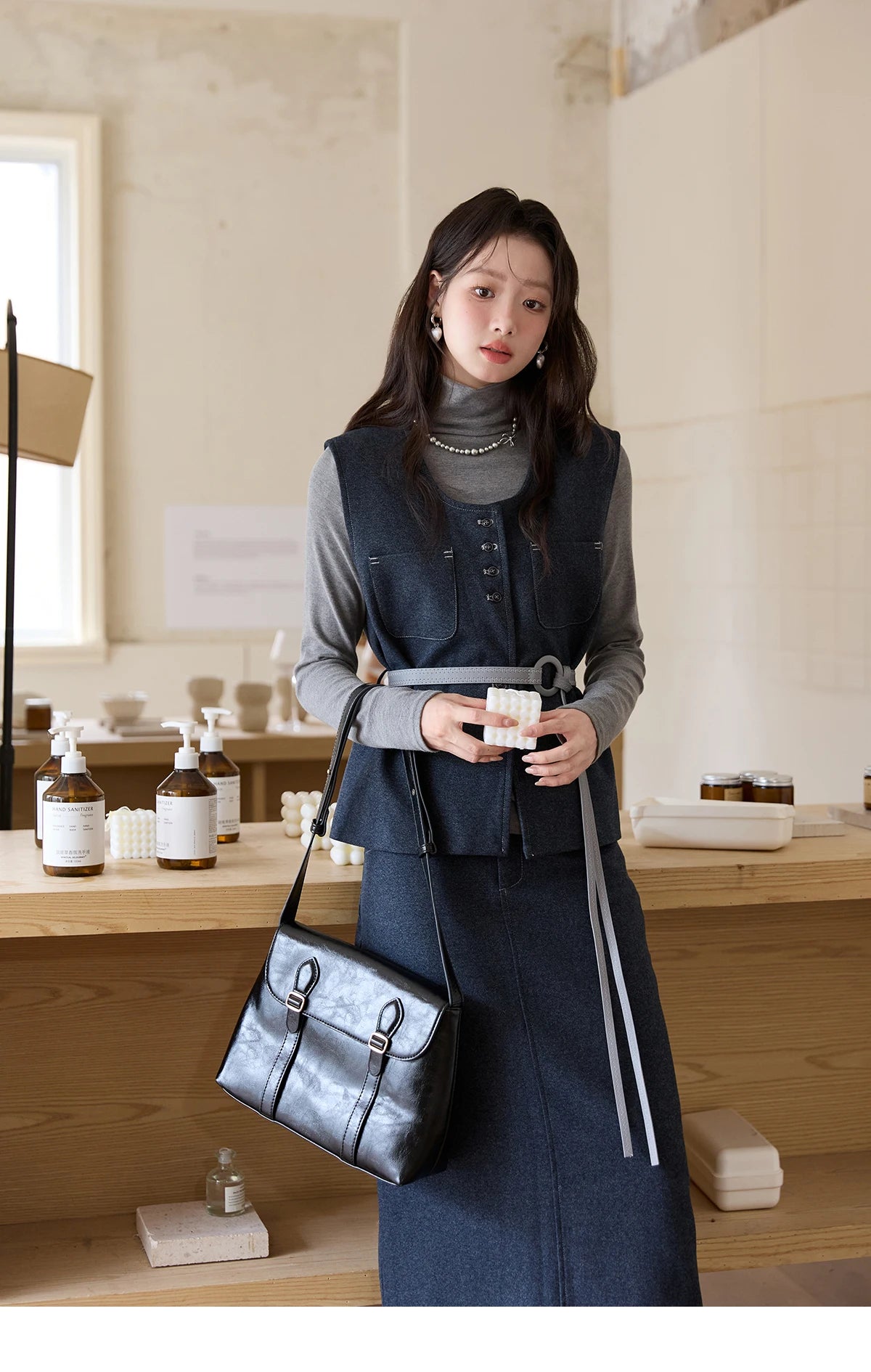 MISHOW Blue Three-piece Suit for Women 2025 Autumn Sleeveless Vest Straight Midi Skirt Slim Knit Tops Skirt Set  MXE49T1421