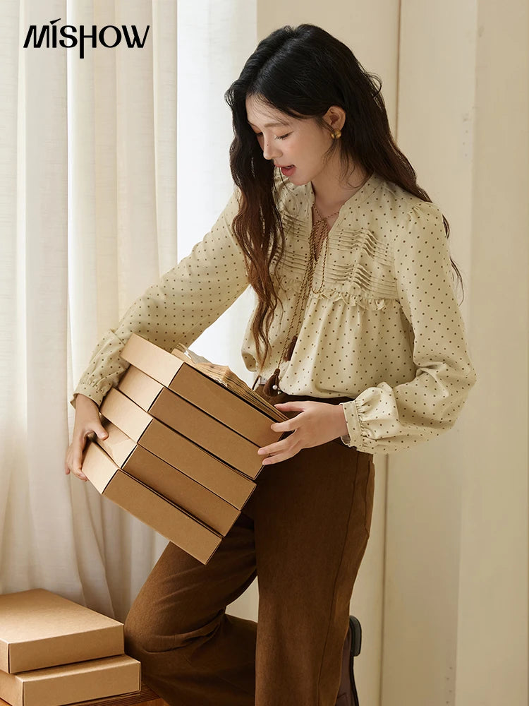 MISHOW Women's Polka Dot Ruffled Shirt 2025 Autumn Vintage Tie Tassel Round Neck Long-Sleeve Top Loose Casual Blouse MXE45X2477