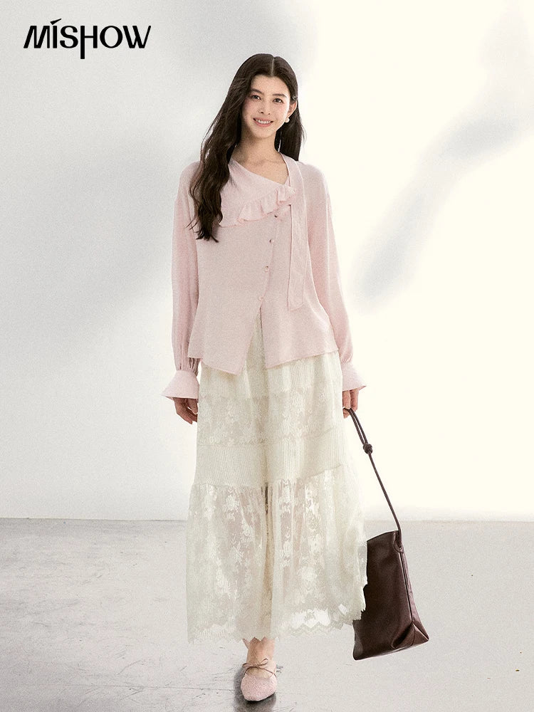MISHOW Women's Pink Elegant Blouse 2026 Spring Asymmetrical Ruffled Collar Button Shirts Puff Sleeve Casual Loose Top MXF11X2520