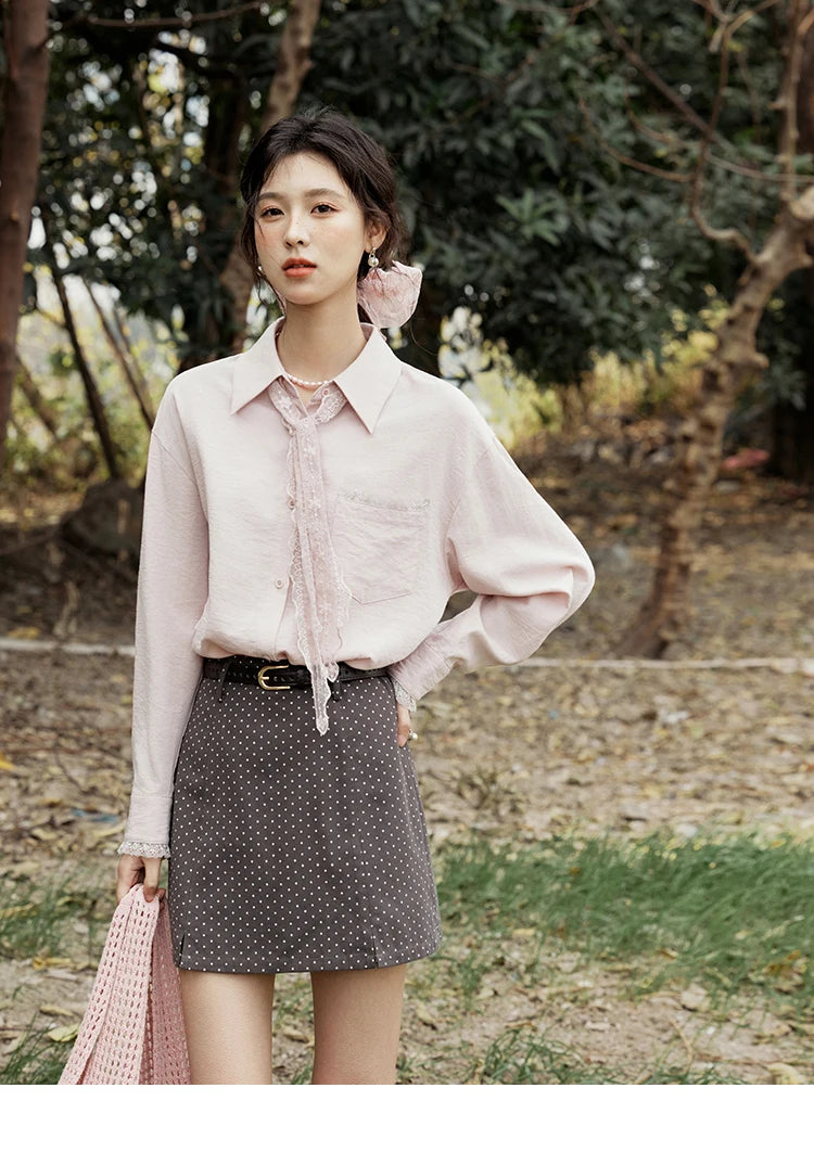 MISHOW French Spring Blouses Women 2025 New Long Sleeve Turn-down Collar Loose Shirts Female Fashion Lace Casual Tops MXE16C0760